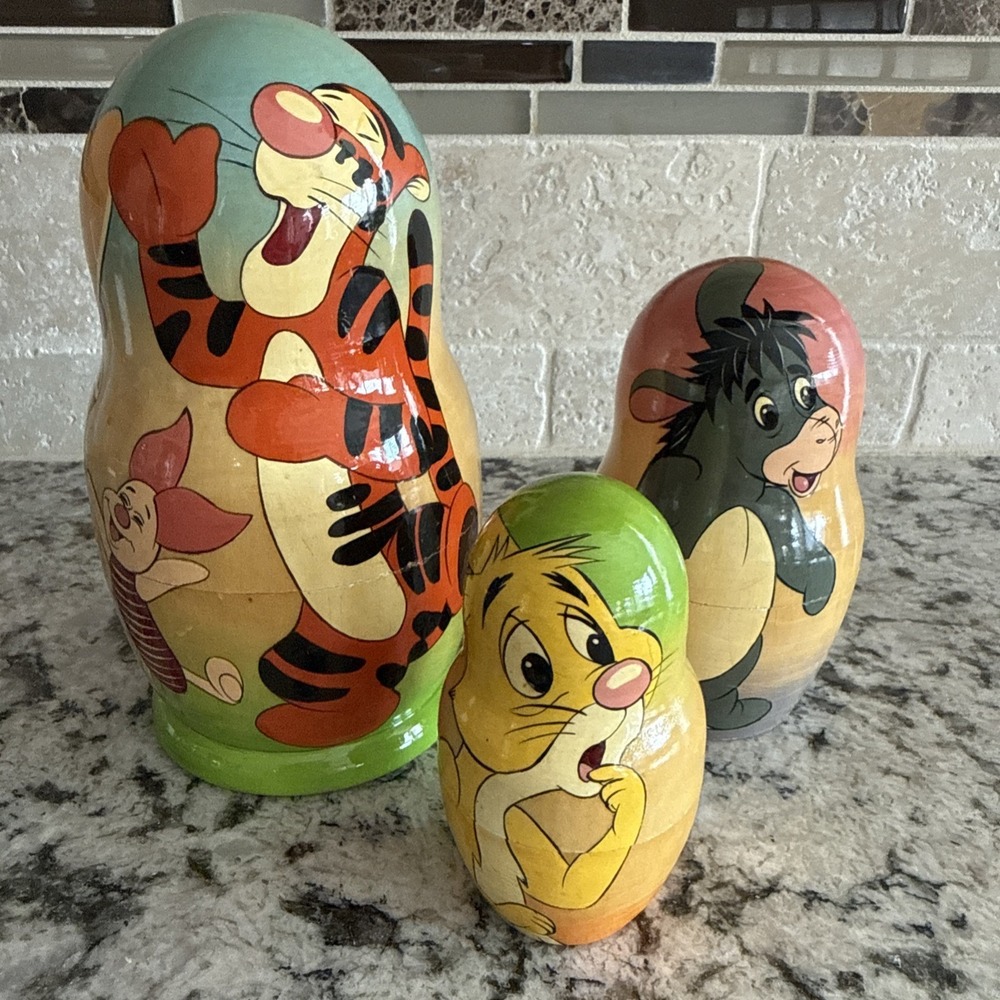 Vintage Winnie the Pooh Wooden Russian Nesting Dolls 3 Piece Set